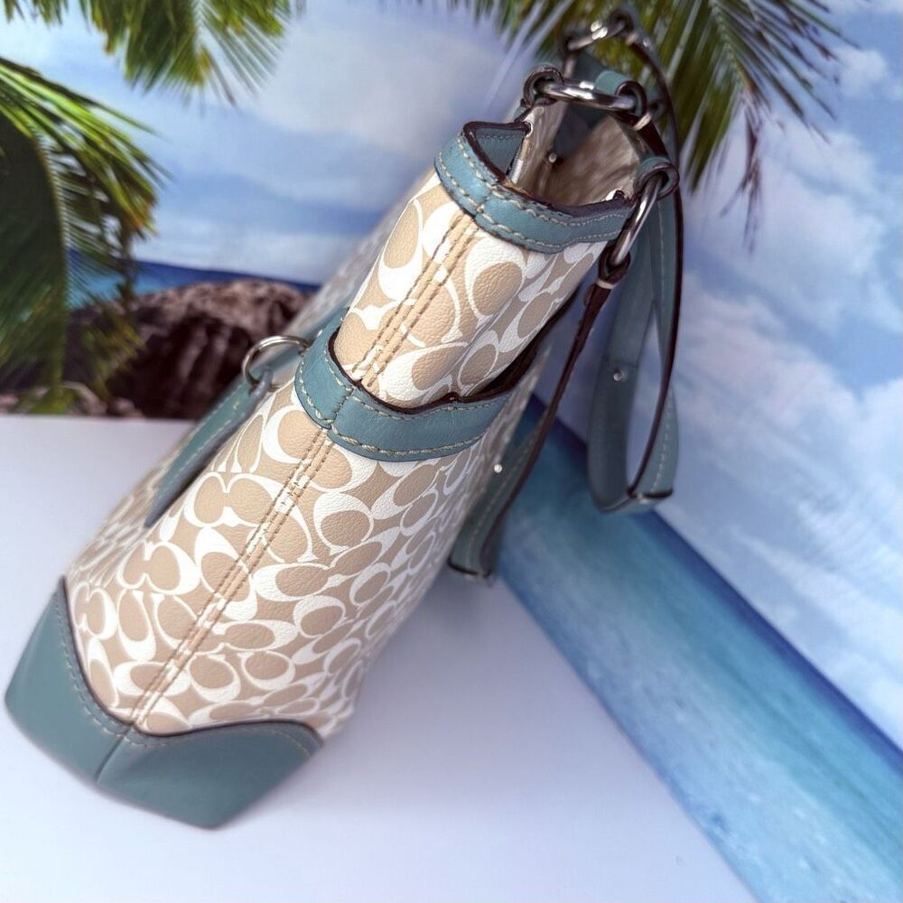 Coach Chelsea Heritage Stripe Signature Tote Teal & Khaki Coated Canvas #F15137 - Picture 3 of 12